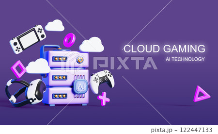 3d cloud gaming banner. Internet media service with computer server, video game joystick, vr glasses, portable console on neon render background. AI technology, data storage system. 3D illustration 3d cloud gaming banner. Internet media service with computer server, video game joystick, vr glasses, portable console on neon render background. AI technology, data storage system. 3D illustration 122447133