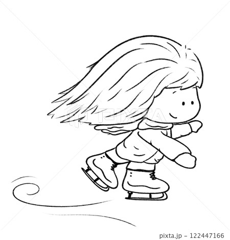 Cute girl ice skating doodle illustration, comic skating sport outline drawing 122447166