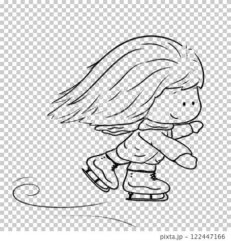 Cute girl ice skating doodle illustration, comic skating sport outline drawing 122447166