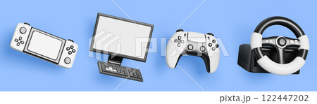 Gamer devices cartoon 3d render icon set. Realistic video game joystick gamepad, portable console, steering wheel, desktop computer and keyboard, isolated gadgets electronic equipment. 3D illustration 122447202