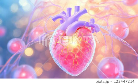 心臓と幹細胞をイメージした3D CGイラスト  再生医療、医療系素材 122447214