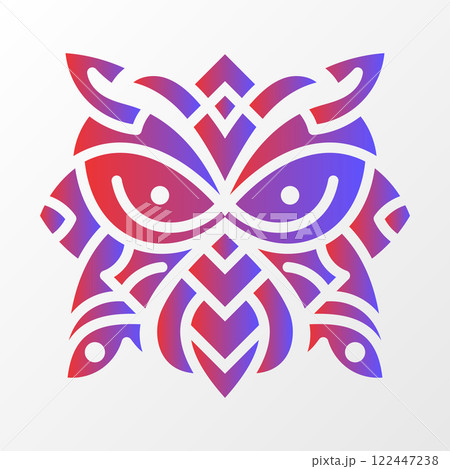 A vibrant geometric illustration of an owl-inspired tribal design, featuring intricate red and blue gradient patterns on a white background. A vibrant geometric illustration of an owl-inspired tribal design, featuring intricate red and blue gradient patterns on a white background. 122447238