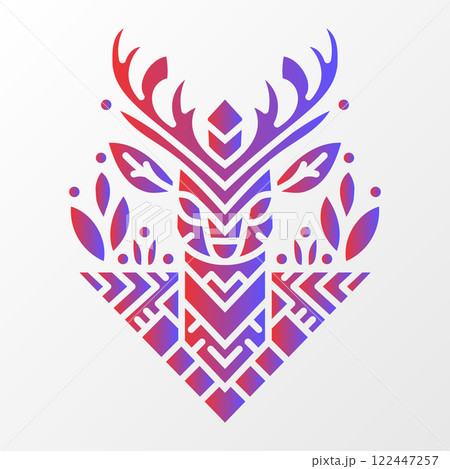 Abstract deer head illustration featuring geometric patterns, red and purple gradient, and decorative nature-inspired elements on a white background. Geometric Deer Illustration with Nature Elements Abstract deer head illustration featuring geometric patterns, red and purple gradient, and decorative nature-inspired elements on a white background. Geometric Deer Illustration with Nature Elements 122447257