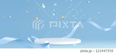 3D white podium with blue ribbons and confetti 122447359
