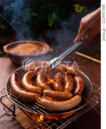 sausage being grilled on Stove 122447366