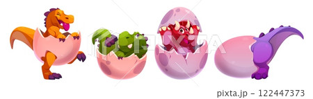 Cracked eggs with baby dinosaurs inside Cracked eggs with baby dinosaurs inside 122447373