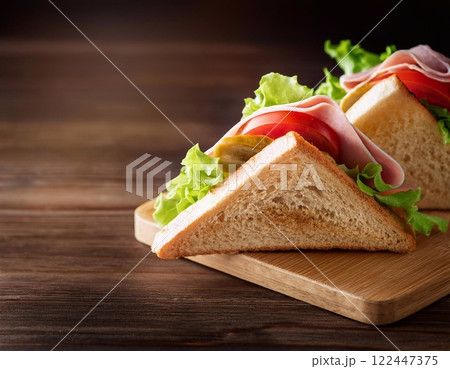 Sandwich vegetables and Ham on the table 122447375