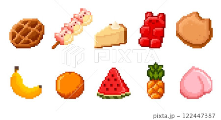 Pixel sweets and fruit icons set isolated on white 122447387