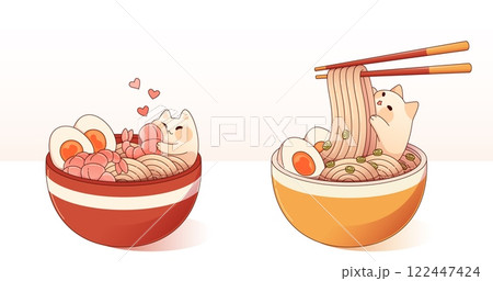 Cute cats eating ramen noodles set 122447424