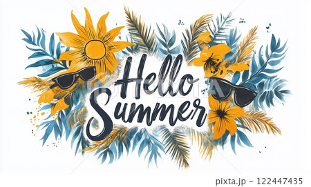 Hello summer with tropical flowers and sunglasses surrounded by colorful 122447435