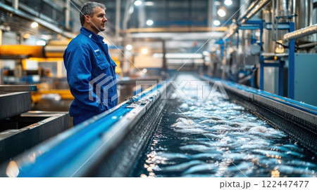 Worker in blue uniform inspecting fish on a conveyor belt in a seafood processing facility 122447477