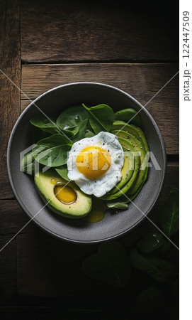 Rustic breakfast with poached egg, avocado, and spinach in a bowl Rustic breakfast with poached egg, avocado, and spinach in a bowl 122447509