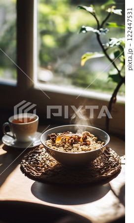 Rustic oatmeal and steaming tea in warm sunlight near a window Rustic oatmeal and steaming tea in warm sunlight near a window 122447531
