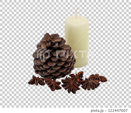 Natural brown pine cone, fragrant badian (star anise) and light candle on a clean without background. Minimalistic still life. For holiday cards, winter and Christmas decor. Natural brown pine cone, fragrant badian (star anise) and light candle on a clean without background. Minimalistic still life. For holiday cards, winter and Christmas decor. 122447607