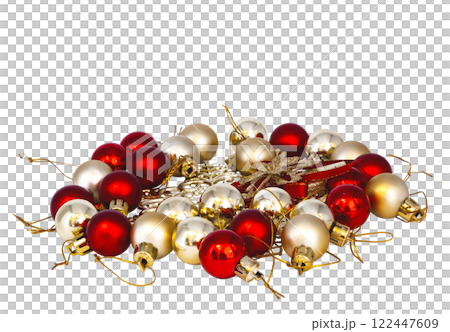 Christmas balls in red and gold color for decoration. Christmas tree decorations without background Christmas balls in red and gold color for decoration. Christmas tree decorations without background 122447609