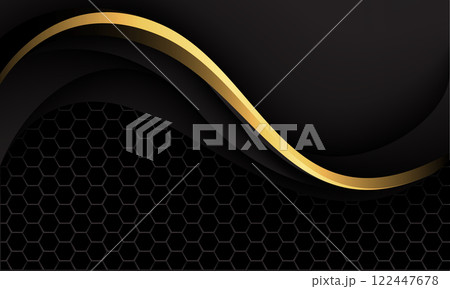 Abstract gold line curve on black hexagon mesh luxury design modern background vector 122447678