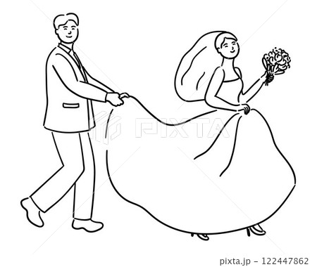 Groom is holding the bride's dress and walking with her, a sweet couple on their wedding day vector illustration 122447862