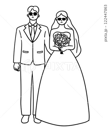 Bride and groom are wearing sunglasses, looking cool vector illustration 122447863