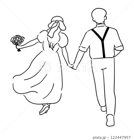 Bride and groom, cute couple is holding hands and running together 122447957