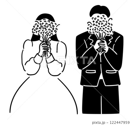 Wedding couple, bride and groom are using a bouquet to cover their faces, a cute couple Wedding couple, bride and groom are using a bouquet to cover their faces, a cute couple 122447959