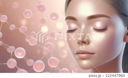 女性の顔の周りに浮かぶ幹細胞、再生医療のイメージの3Dイラスト 医療系素材 女性の顔の周りに浮かぶ幹細胞、再生医療のイメージの3Dイラスト 医療系素材 122447960