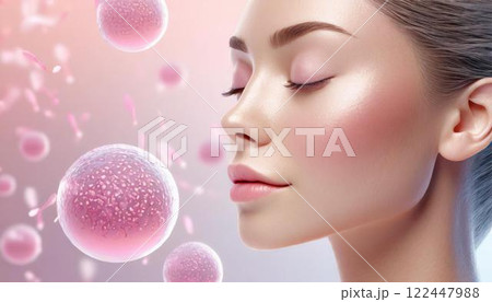 女性の顔の周りに浮かぶ幹細胞、再生医療のイメージの3DCGイラスト 医療系素材 女性の顔の周りに浮かぶ幹細胞、再生医療のイメージの3DCGイラスト 医療系素材 122447988