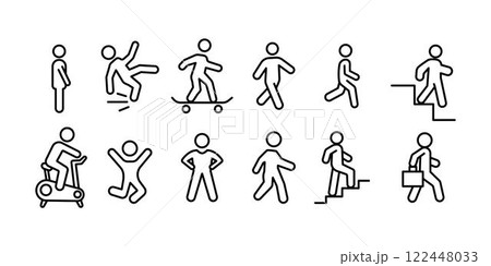 People walk and run, line icon in different posture side view. Person various action poses set. Stand, walk, run, travel, crosswalk, with dog and child. Vector outline illustration 122448033