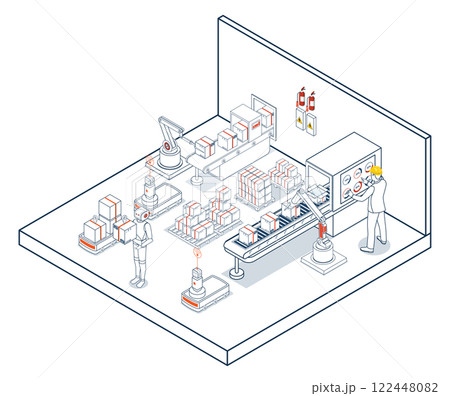 A robot arm picks up boxes in this warehouse automation concept, seamlessly handing them off to Autonomous Guided Vehicles (AGVs) for efficient transportation. 122448082