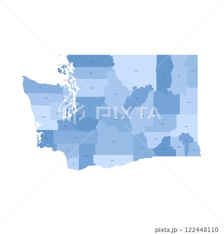Washington, WA - detailed political map of US state. Administrative map divided into counties. Blue map with county name labels. Vector illustration Washington, WA - detailed political map of US state. Administrative map divided into counties. Blue map with county name labels. Vector illustration 122448110