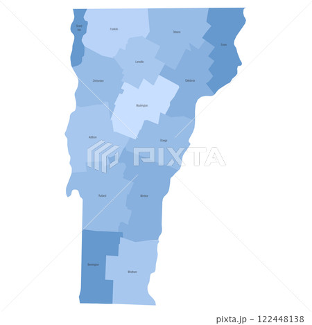 Vermont, VT - detailed political map of US state. Administrative map divided into counties. Blue map with county name labels. Vector illustration Vermont, VT - detailed political map of US state. Administrative map divided into counties. Blue map with county name labels. Vector illustration 122448138