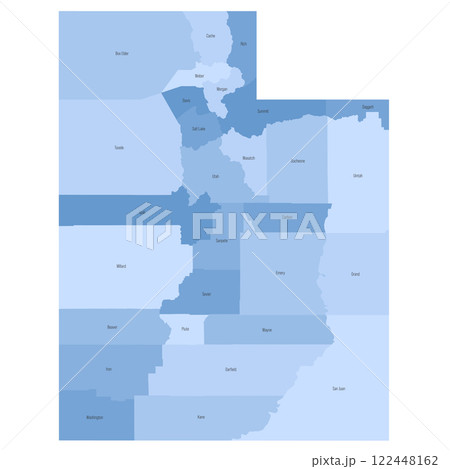 Utah, UT - detailed political map of US state. Administrative map divided into counties. Blue map with county name labels. Vector illustration 122448162