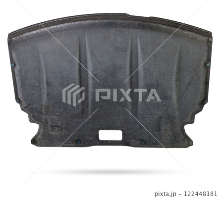 Black plastic engine cover liner on a white isolated background for sale or replacement in a car service. Mudguard on auto-parsing for repair or a device to protect the body from dirt. Black plastic engine cover liner on a white isolated background for sale or replacement in a car service. Mudguard on auto-parsing for repair or a device to protect the body from dirt. 122448181