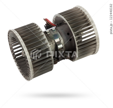 Heater fan - spare part and element of car air conditioning system on white isolated background. Auto service industry. Spare parts catalog. Heater fan - spare part and element of car air conditioning system on white isolated background. Auto service industry. Spare parts catalog. 122448182