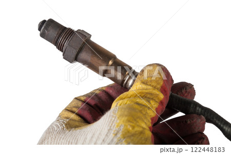 Lambda probe - oxygen sensor device designed to record amount of remaining oxygen in the exhaust gas of car engine is located in exhaust system. Metal spare part for replacement to repair in workshop. 122448183