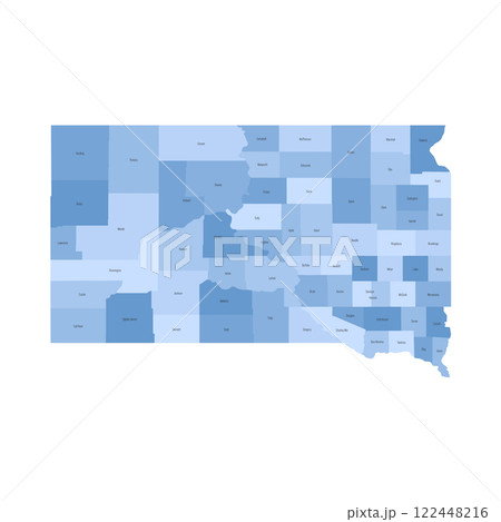South Dakota, SD - detailed political map of US state. Administrative map divided into counties. Blue map with county name labels. Vector illustration South Dakota, SD - detailed political map of US state. Administrative map divided into counties. Blue map with county name labels. Vector illustration 122448216