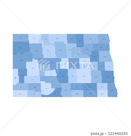 North Dakota, ND - detailed political map of US state. Administrative map divided into counties. Blue map with county name labels. Vector illustration 122448283