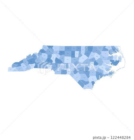 North Carolina, NC - detailed political map of US state. Administrative map divided into counties. Blue map with county name labels. Vector illustration North Carolina, NC - detailed political map of US state. Administrative map divided into counties. Blue map with county name labels. Vector illustration 122448284