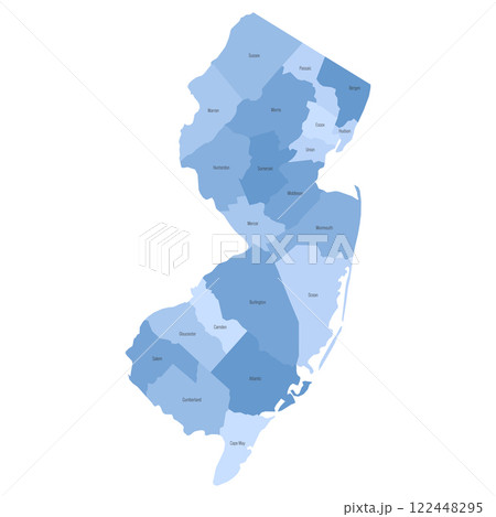 New Jersey, NJ - detailed political map of US state. Administrative map divided into counties. Blue map with county name labels. Vector illustration New Jersey, NJ - detailed political map of US state. Administrative map divided into counties. Blue map with county name labels. Vector illustration 122448295