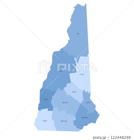 New Hampshire, NH - detailed political map of US state. Administrative map divided into counties. Blue map with county name labels. Vector illustration New Hampshire, NH - detailed political map of US state. Administrative map divided into counties. Blue map with county name labels. Vector illustration 122448298