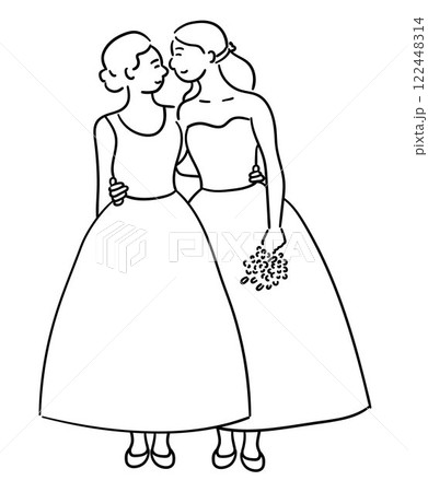 Lesbian couple wedding, two women are hugging each other and gazing into each other's eyes lovingly Lesbian couple wedding, two women are hugging each other and gazing into each other's eyes lovingly 122448314