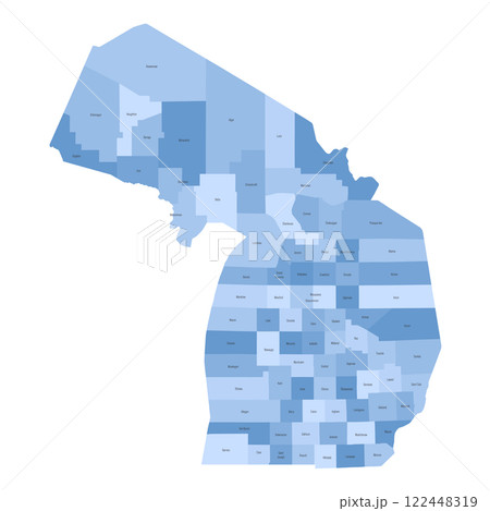 Michigan, MI - detailed political map of US state. Administrative map divided into counties. Blue map with county name labels. Vector illustration Michigan, MI - detailed political map of US state. Administrative map divided into counties. Blue map with county name labels. Vector illustration 122448319
