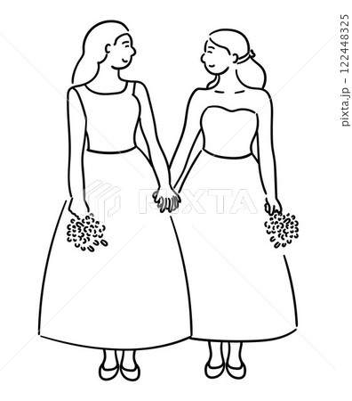Lesbian wedding couple, two women are holding hands and looking at each other affectionately vector 122448325