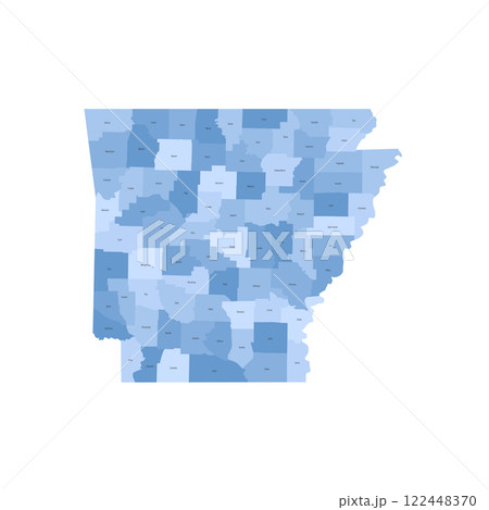 Arkansas, AR - detailed political map of US state. Administrative map divided into counties. Blue map with county name labels. Vector illustration Arkansas, AR - detailed political map of US state. Administrative map divided into counties. Blue map with county name labels. Vector illustration 122448370