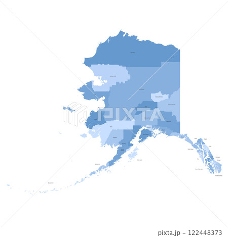 Alaska, AK - detailed political map of US state. Administrative map divided into counties. Blue map with county name labels. Vector illustration 122448373