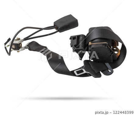 Spare part and interior element black seat belt from a car on a white isolated background. Auto service industry. Spare part and interior element black seat belt from a car on a white isolated background. Auto service industry. 122448399