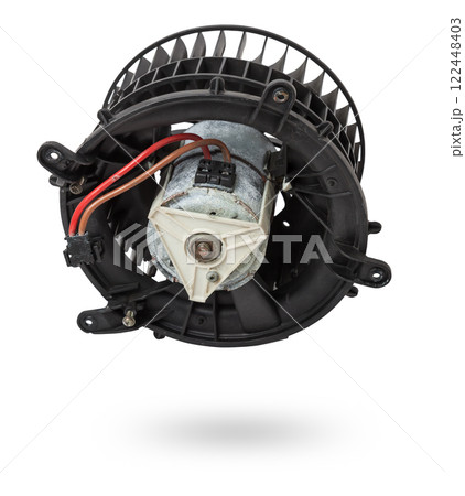 Heater fan - spare part and element of car air conditioning system on white isolated background. Auto service industry. Spare parts catalog. Heater fan - spare part and element of car air conditioning system on white isolated background. Auto service industry. Spare parts catalog. 122448403