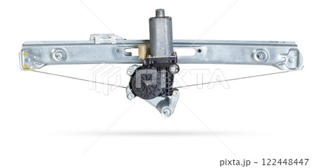 Electric window mechanism for a car on a white isolated background. Automotive spare parts catalog. Electric window mechanism for a car on a white isolated background. Automotive spare parts catalog. 122448447