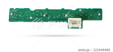 Green printed circuit board with transistors and microchips to control various devices 122448460