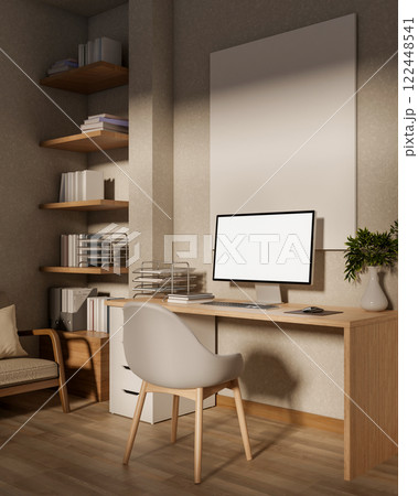 A cozy, modern home office bathed in warm daylight, with a minimalist wooden desk and a computer. A cozy, modern home office bathed in warm daylight, with a minimalist wooden desk and a computer. 122448541
