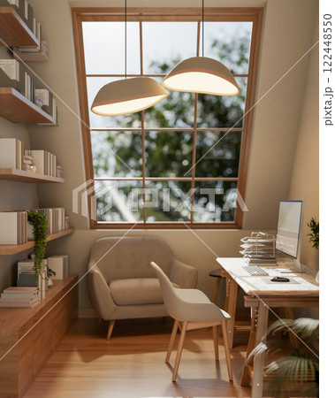 The interior design of a cozy contemporary home office workspace features a computer desk and decor. 122448550